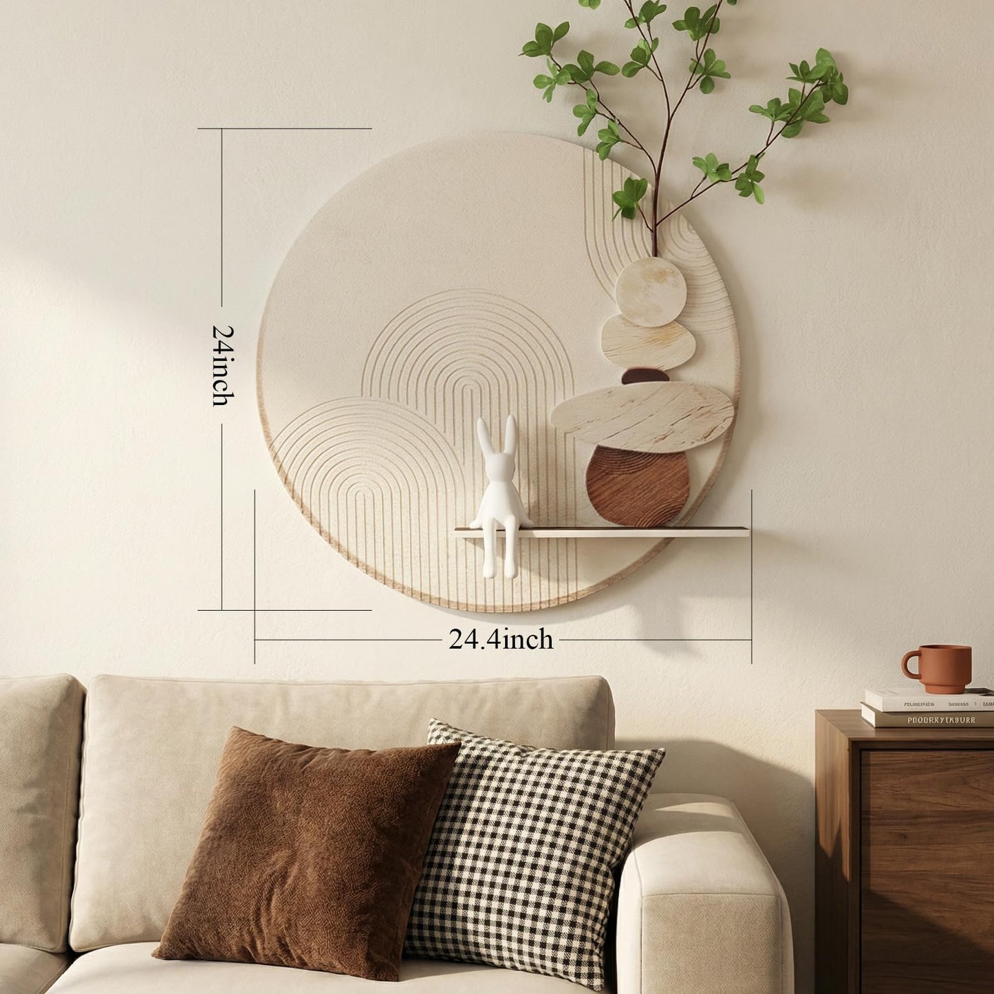 3D Textured Abstract Wall Art Decor,Boho Neutral Beige and Brown Modern Minimalist Artwork with Vase for Walls,Large Round Sandstone Geometric Painting for Living Room, Bedroom, Office, Hallway, 24x24