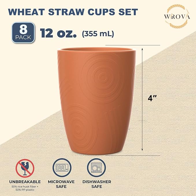 Wrova Wheat Straw Cups 8 PCS Good Alternative to Plastic Reusable Cups 12 oz Unbreakable Drinking Cup Reusable Dishwasher Safe Water Plastic Glasses Colorful