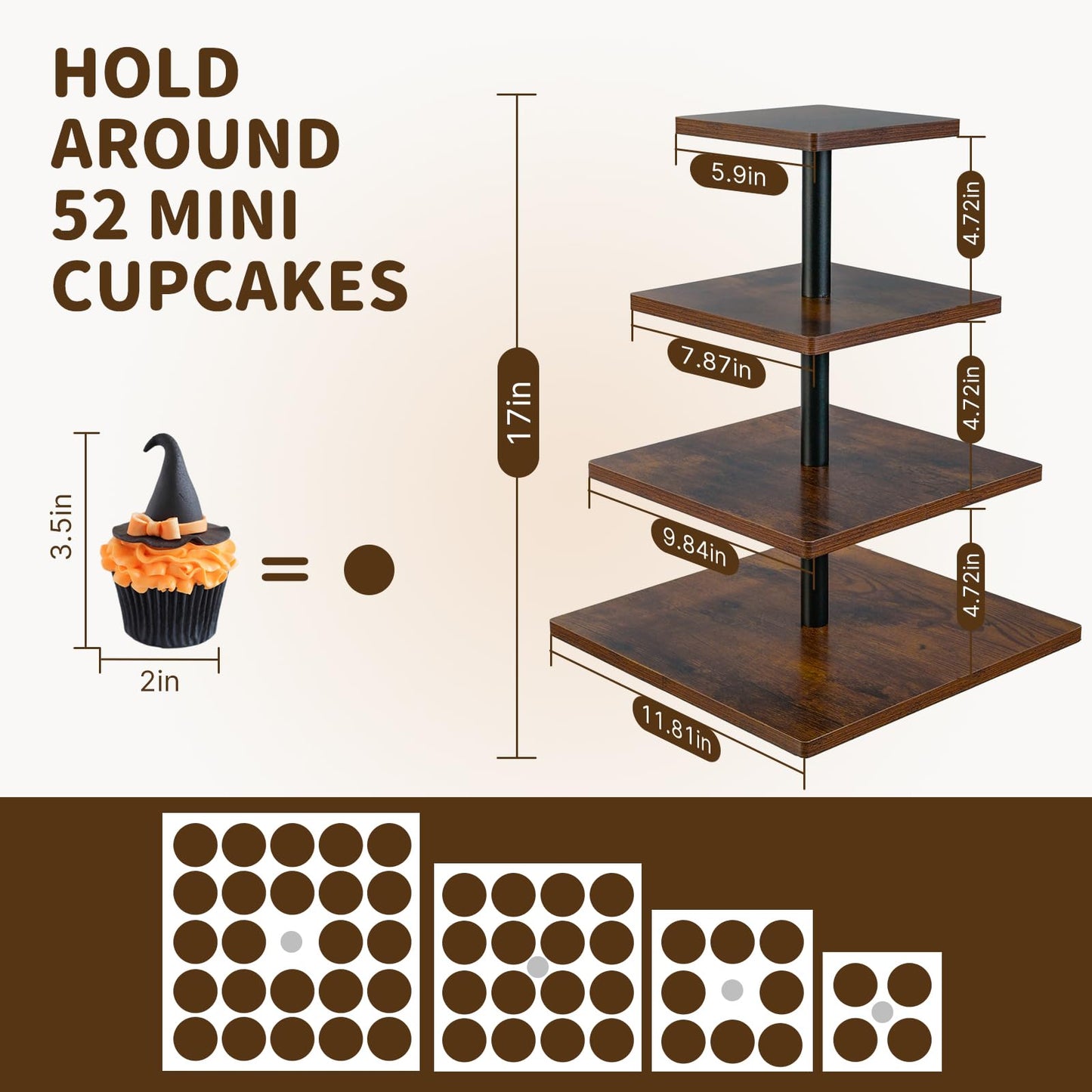 NANXITU 4 Tier Cupcake Stand for 50 Cupcakes,360 Rotatable Wooden Cake Dessert Tower Holder,Rustic Square Tiered Tray Serving Display for Wedding Birthday Baby Shower Tea Party