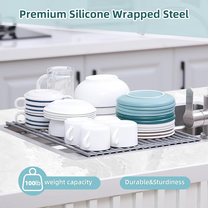 Ohuhu Roll Up Dish Drying Rack, Over The Sink Multipurpose Roll-Up Dish Racks, 16.5" W x 13" L Rolling Heat-Resistant Anti-Slip Silicone Coated Dish Drainer Portable Foldable for Kitchen Counter