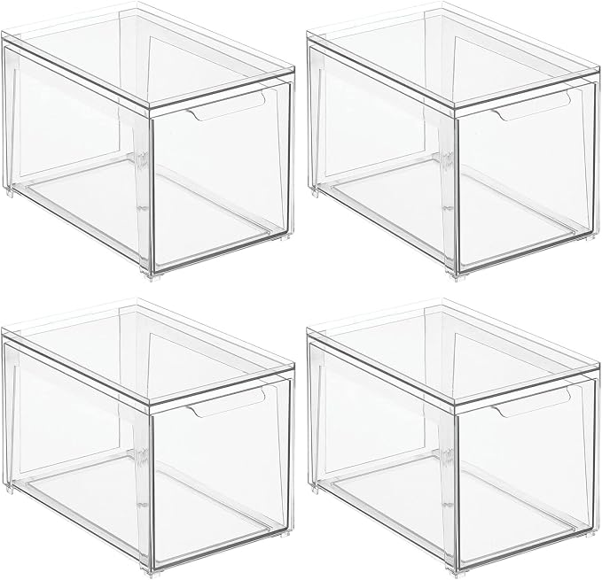 mDesign Plastic Stackable Bathroom Storage with Pull Out Bin Organizer Drawer for Cabinet, Vanity, Shelf, Cupboard, Cabinet, or Closet Organization - Lumiere Collection - 4 Pack - Clear