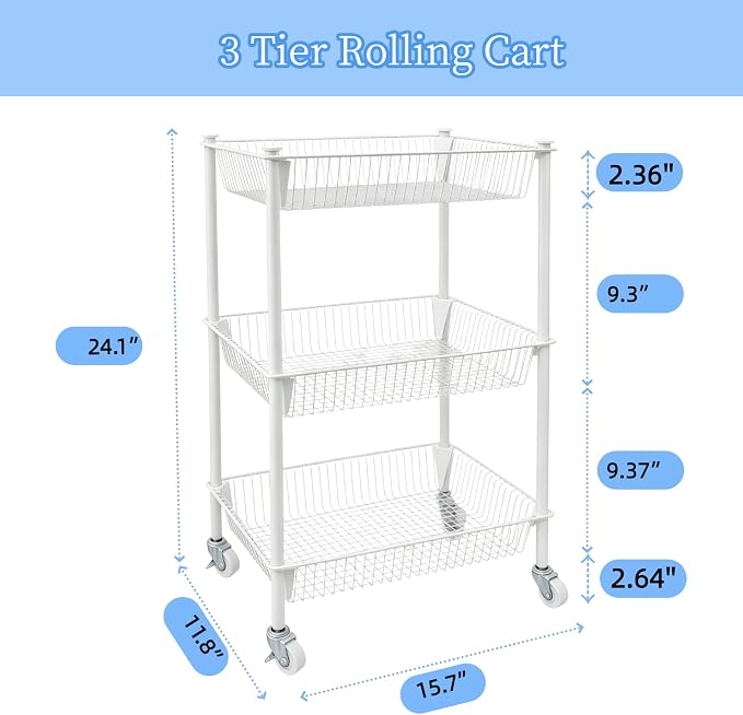 Kitchen Storage Cart for Fruit Vegetable 3 Tier Utility Cart with Wheels, White Rolling Pantry Floor Organizer Onion Potato Storage, Metal Wire Basket Stand Snack Shelf Home Organization