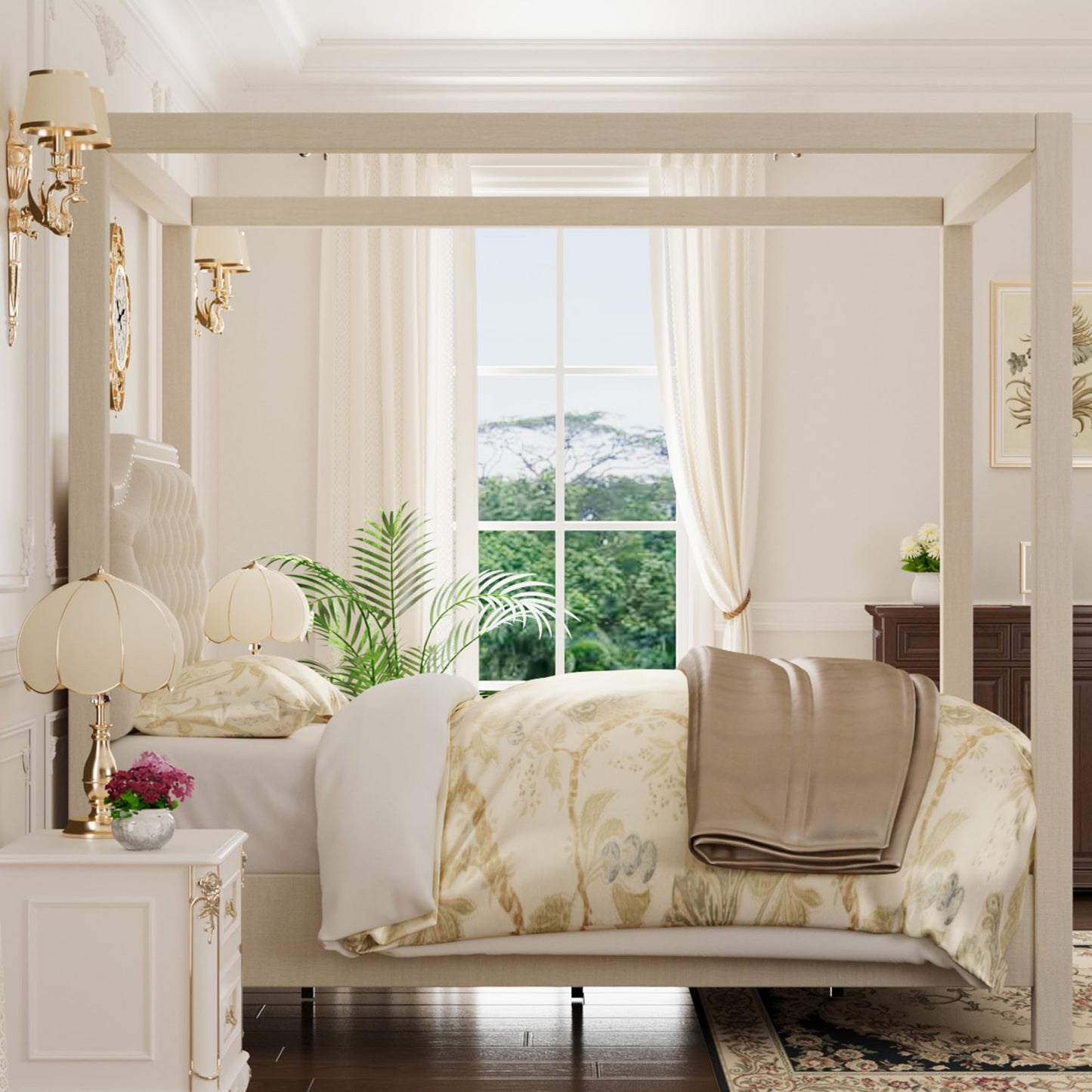 GAOMON Queen Canopy Bed Frame with Upholstered Headboard, Four Poster Design, Button Tufted, and Slide Rail, No Box Spring Required, Wooden Slatted Structure, Beige