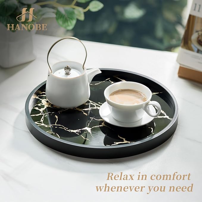 Hanobe Decorative Tray for Home Decor: Black Imitation Marble Round Serving Tray 11.8" Modern Coffee Table Centerpiece for Display Bar Table Living Room Entryway Kitchen Corner