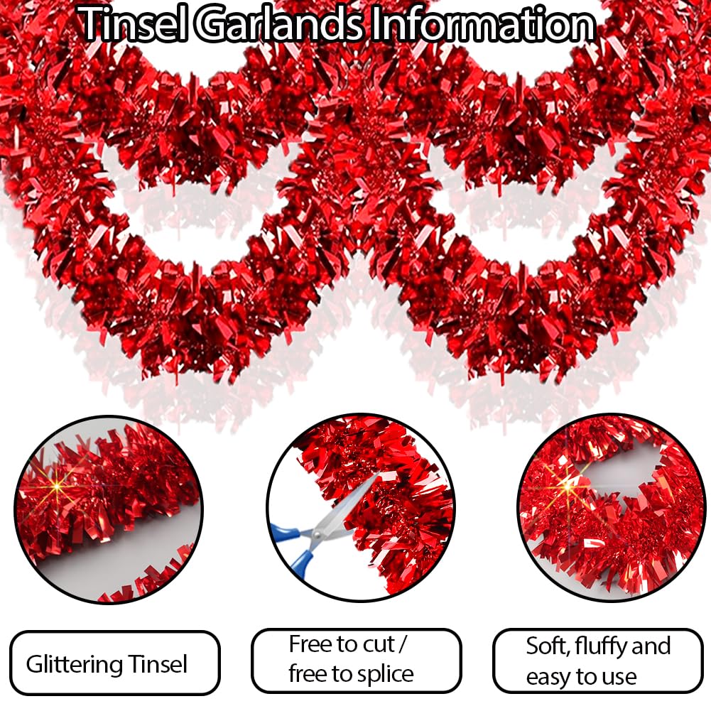 33Ft Christmas Tinsel Garland Shiny Thick Red Tinsel Decor Xmas Tree Decorations Metallic Twist Foil Garland for Birthday Thanksgiving Day New Year Parties Indoor Outdoor Party Supplies - Red