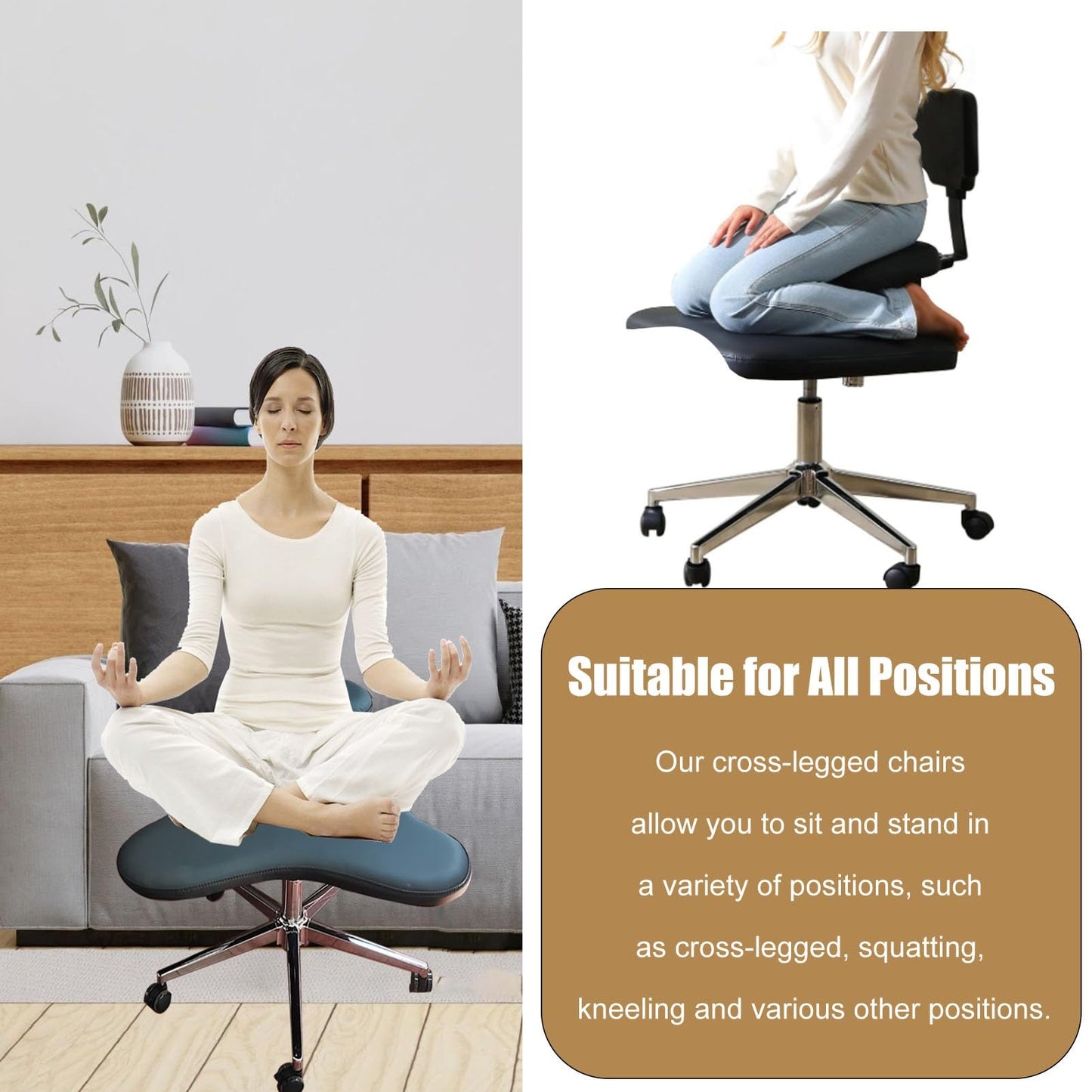 Office Chair Cross Legged Chair，Office Worker Leisure Chair with Footstool, Cross Legged Sitting Stool Chairs for Meditation Relax, Ergonomic Kneeling Seat for Office w/Back Support(Blue)