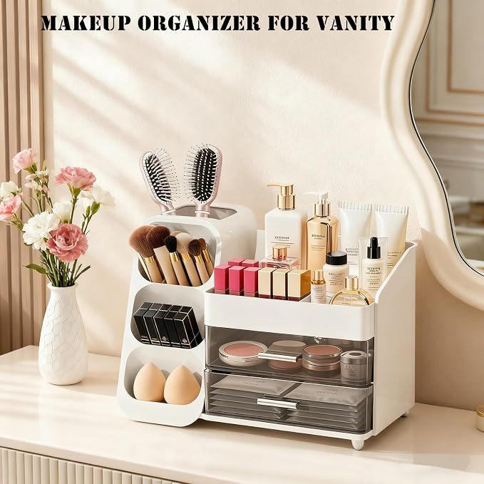 Bathroom Countertop Makeup Organizer with Brush Holder, Large Cosmetic make up storage organizers with 2 Drawers for Vanity Counter top, Makeup Caddy for skincare, lipsticks, hairbrush