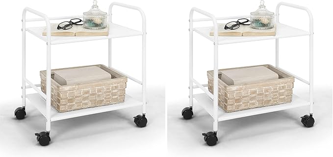 SunnyPoint 2-Tier Metal Rolling Utility Cart – Mobile Storage Shelf with Caster Wheels – Small Space Organizer for Home, Office, Bedroom, Kitchen (WHT) (Pack of 2)