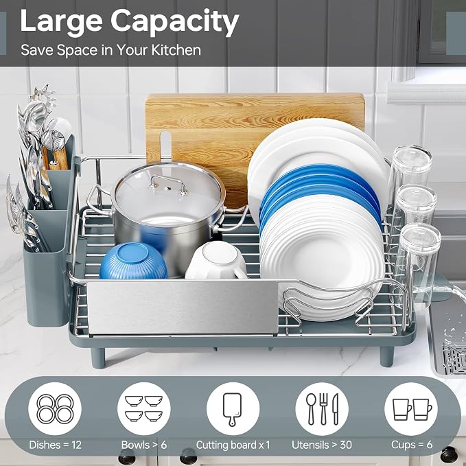 Stainless Steel Dish Drying Rack - Large Capcity 304 Grade Dish Drainer for Kitchen Counter with Drain Board, Utensil Holder & Detachable Cup Shelf, Rustproof Multifunctional Organizer, Pale Blue