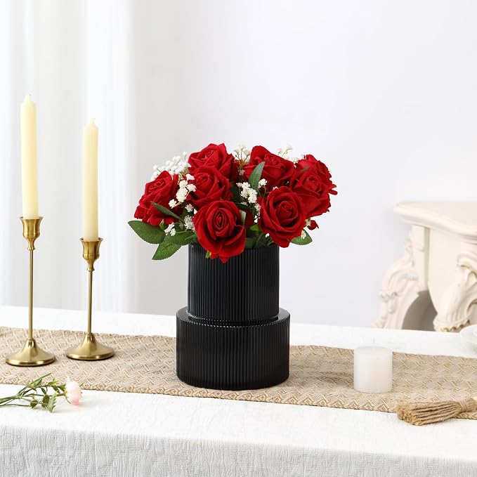 Ribbed Glass Vase, Flower Vase, Fluted Black Vases for Flowers, Modern Vases for Living Room, Dining Table, Entryway, Shelf, Wedding, Office, Coffee Table, Birthday, 7.5 Inches