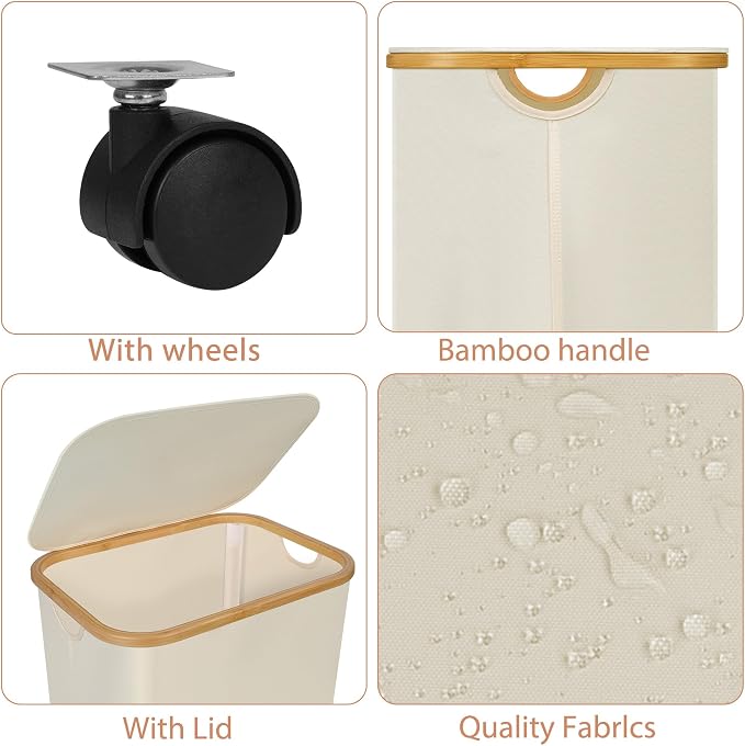 Laundry Basket with Wheels,100L Hampers for Laundry,Large Laundry Hamper with Lid and Bamboo Handles,Collapsible & Waterproof Tall Cloth Hamper for Dormitory Family，Beige
