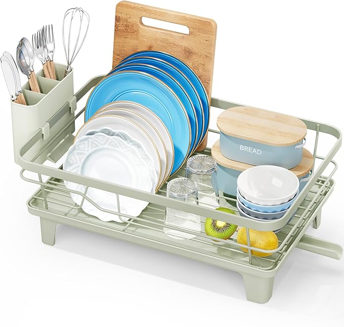 Urackify Dish Drying Rack for Kitchen Counter, Sink Dish Rack with Drainboard, Large Dish Drainer with Cups Holder, Home Countertop Plate Dryer Storage Rack with Cutlery Holder, Soft Celery Green