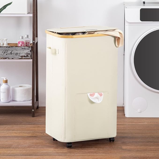 Vincona Laundry Basket with Wheels, Tall Dirty Clothes Hamper on Wheels, Rolling Laundry Hamper with lid for Dorm, Bedroom and Bathroom (Beige, 100L)