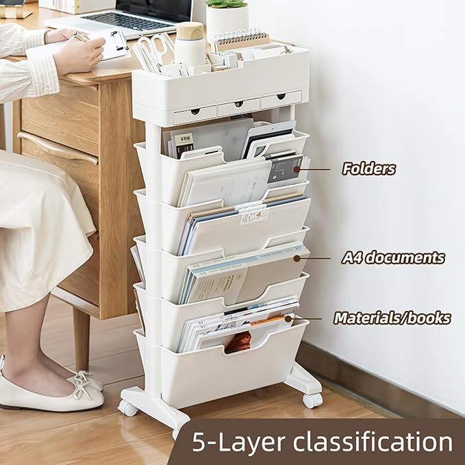 5 Tier Rolling Book Cart Multi-Functional Movable Storage Bookshelves with Lockable Wheels for Study Office Library Classroom, White (Whtie, with Wheel)