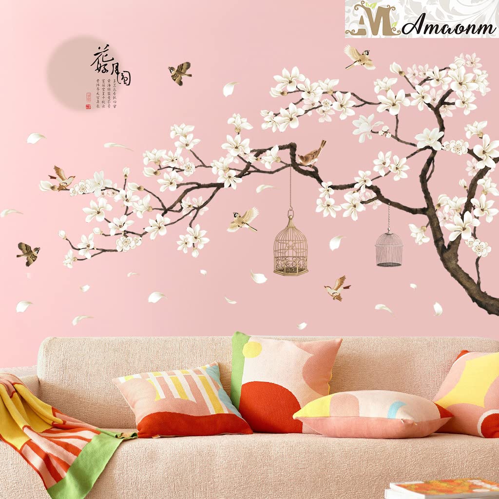 Chinese Style White Flowers Black Tree and Flying Birds Wall Stickers Removable DIY Wall Art Decor Decals Murals for Offices Home Walls Bedroom Study Room Wall Decaoration, 50inchx74inch