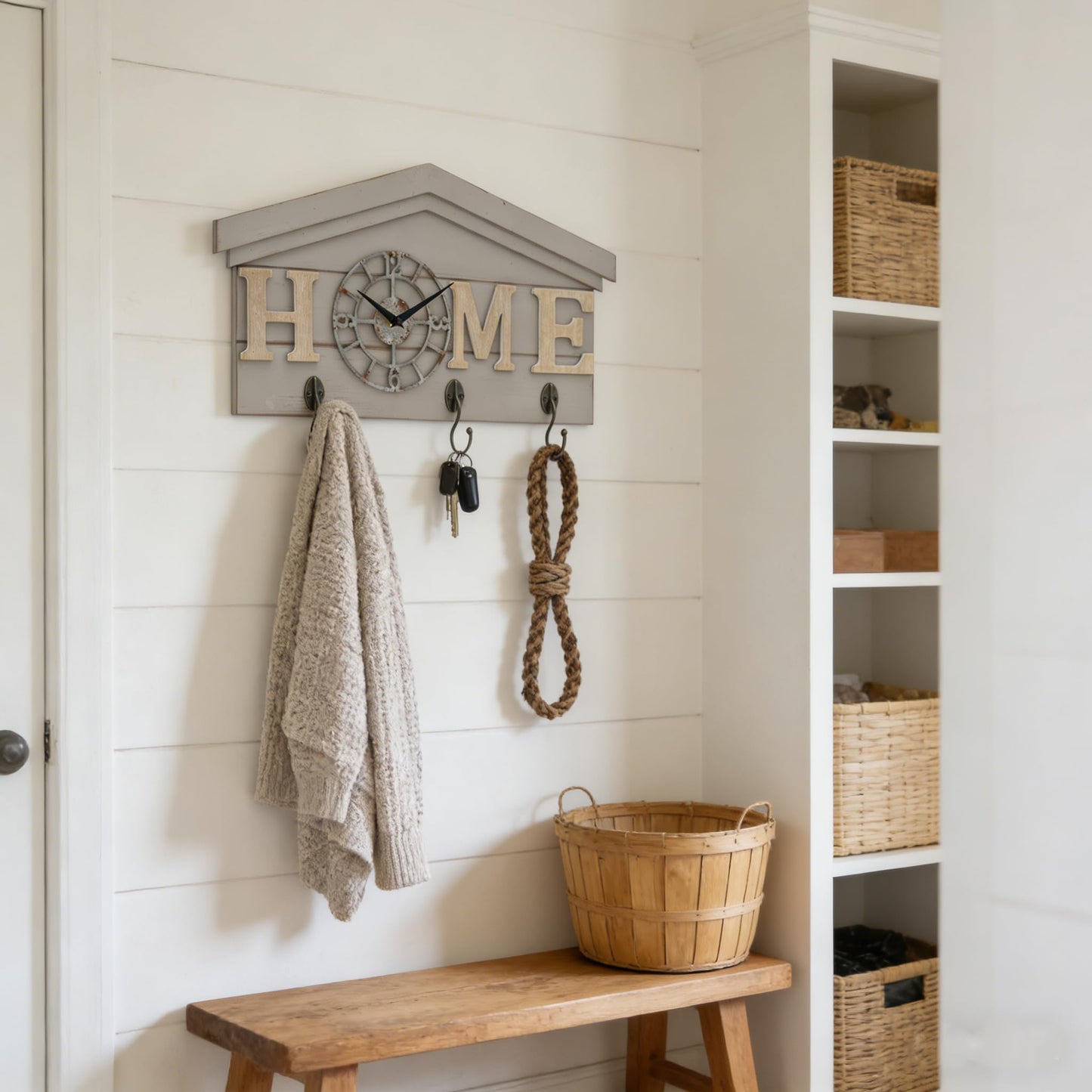 Farmhouse Battery Operated Wall Clock with Hooks Rustic Wooden Entryway Organizer with 3 Metal Hooks Key Hanger HOME letters Silent Quartz Clock Key Holder Wall Decor for Entryway Kitchen, Living Room