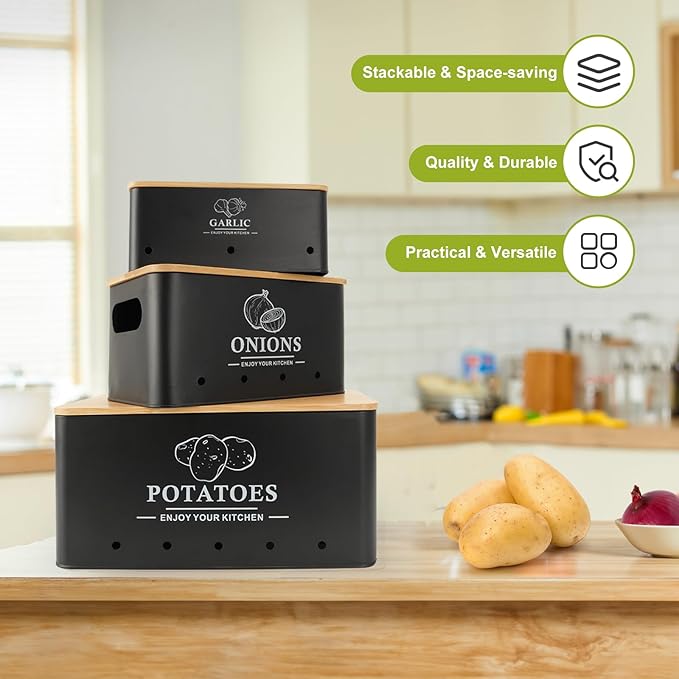 Kitchen Vegetable Storage Set of 3, Metal Onion Garlic Potato Storage Set, Kitchen Canisters Vegetable Keeper Containers with Aerating Holes and Bamboo Lid,Black