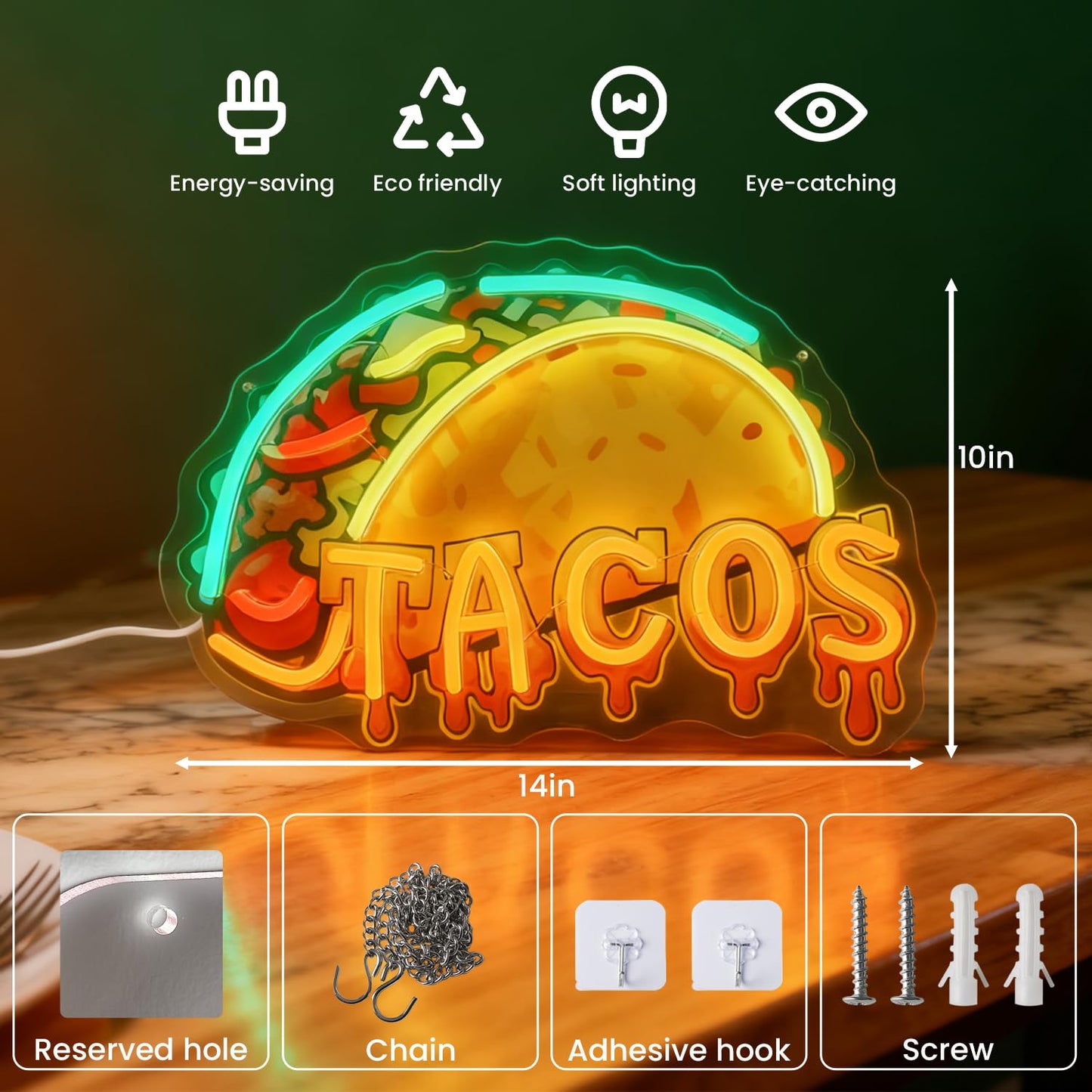 Tacos Neon Sign, LED Taco Signs Mexican Burritos Light Up Sign for Mexican Restaurant Taco Bar Pub Kitchen Fast Food Truck Shop Wall Window Decor, USB Powered with Dimmer