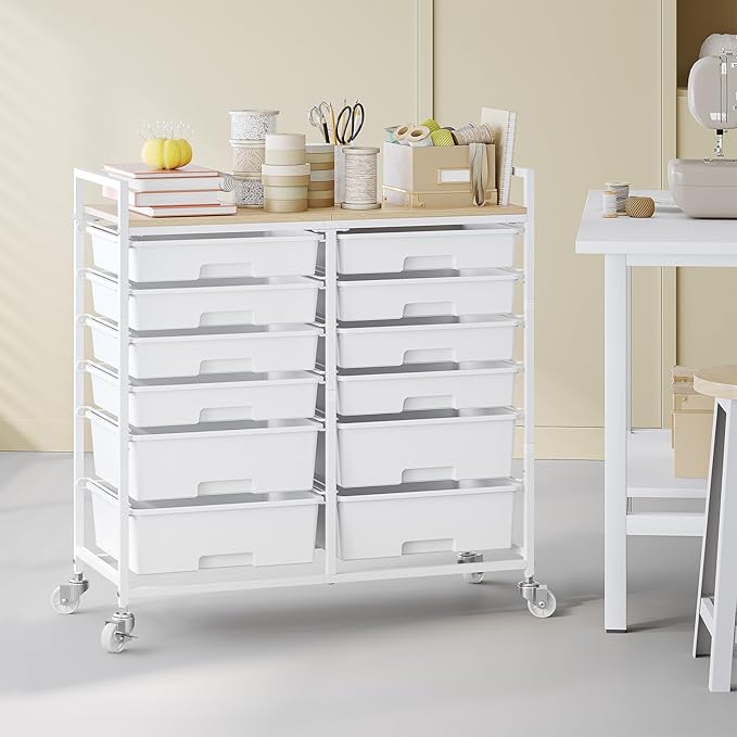 Rolling Storage Cart with 12 Drawers, Wooden Tabletop Utility Cart for Craft Storage, Art Supply Storage & Home Office Organization, Teacher Cart with Wheels for Classroom, School (White)