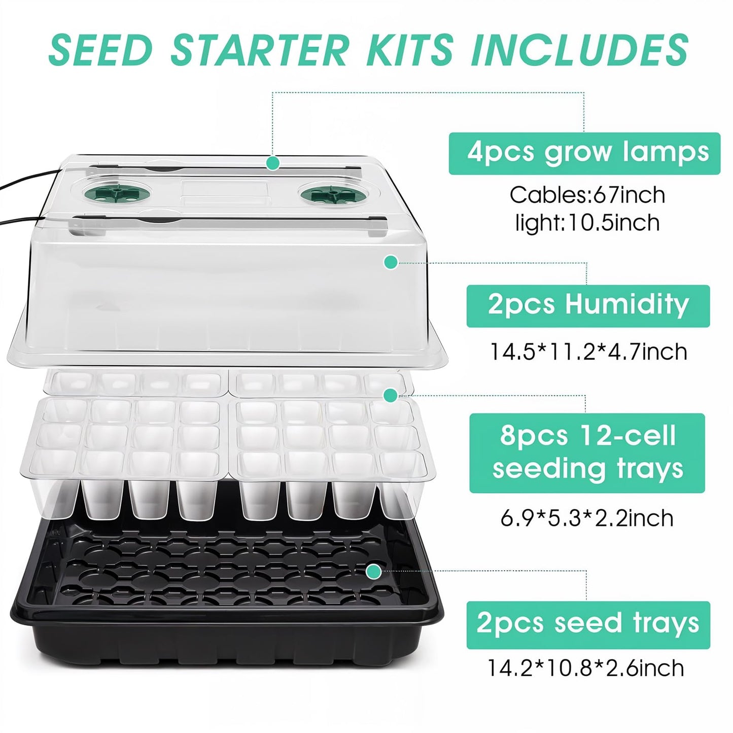 Ryscam Seed Starter Tray with Grow Light, 96-Cell Seed Starter Kit, Seedling Starter Trays with Humidity Domes, Automatic Timer, Adjustable Light Indoor Gardening Plant Germination Trays
