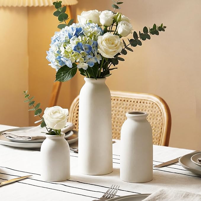 Ceramic Vases Set of 3, Small White Flower Decorative Vase for Pampas Grass & Dried Flowers, Rustic Vase for Table Bookshelf, Living Room