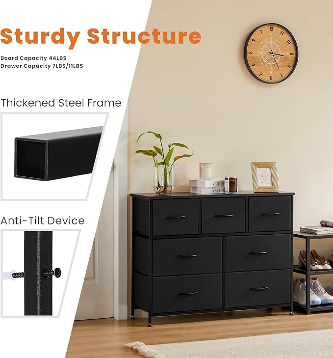 Sweetcrispy 7 Drawer Dresser Storage Organizer with Fabric Bins, Sturdy Steel Frame and Wood Top, Easy Pull Handles, for Bedroom Closet Hallway Entryway,Black