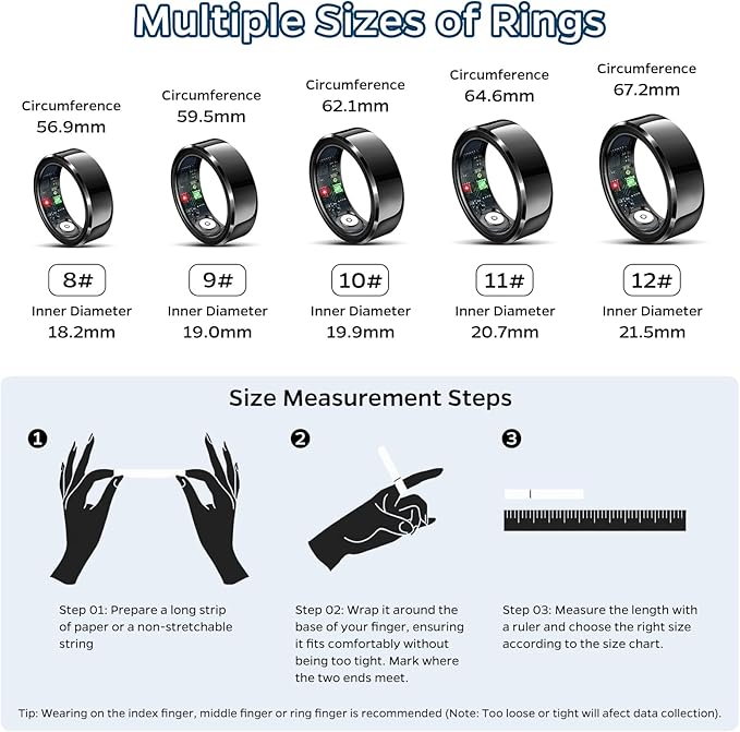Smart Ring Health Tracker, Sleep Tracker Ring with Heart Rate, Waterproof Fitness Ring for Activity Monitoring/Steps/Distance/Calories, Air Gestures, Up to 7-Day Battery, for iOS Android (Black,#11)