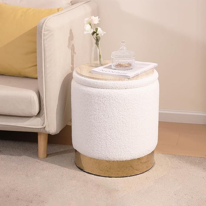 Round Ottoman with Storage Set of 2 Vanity Chair Small Ottoman Coffee Table, Foot Stool, Removable Lid, for Living Room, Bedroom, Hallway, Assembly Free (Sherpa White)