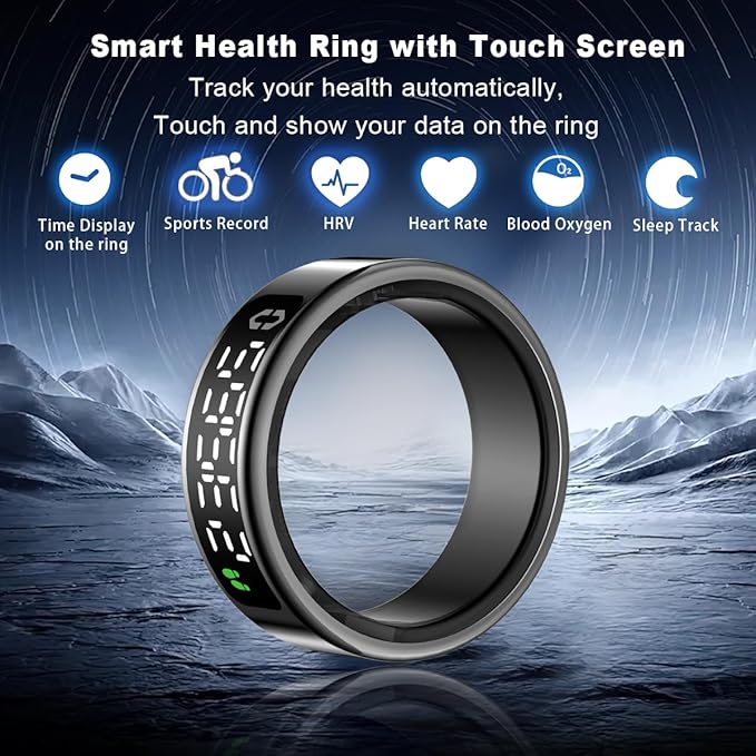 Smart Health Ring with Screen,for Women Men Fitness Tracker Heart Rate, Blood Oxygen, HRV, Sleep Monitoring, Step Counting, IP68 for iPhone and Android, No Subscription Fee (Black, 10#)
