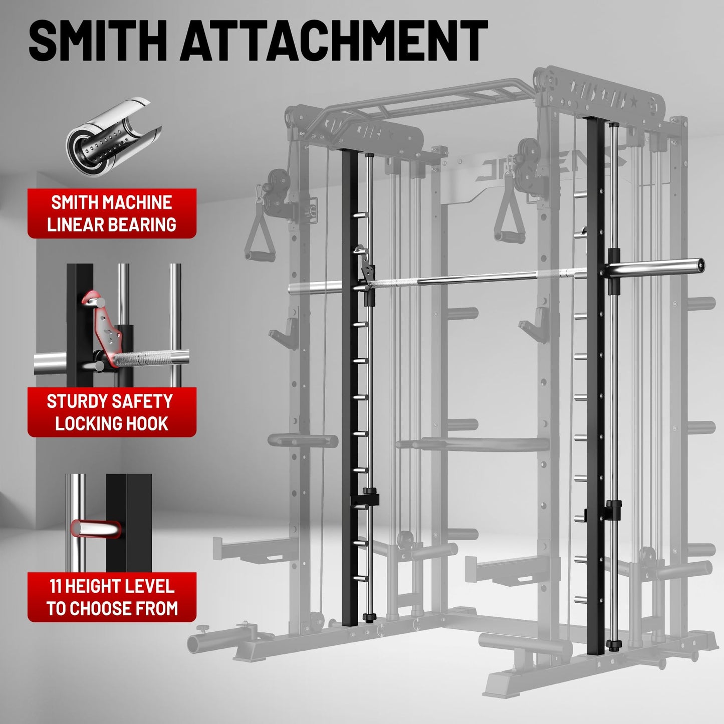 JELENS Smith Machine for Home Gym, Multi-Function M12 Power Cage, Squat Rack with Smith Bar and More Attachment (Black, Weight Bench Package)
