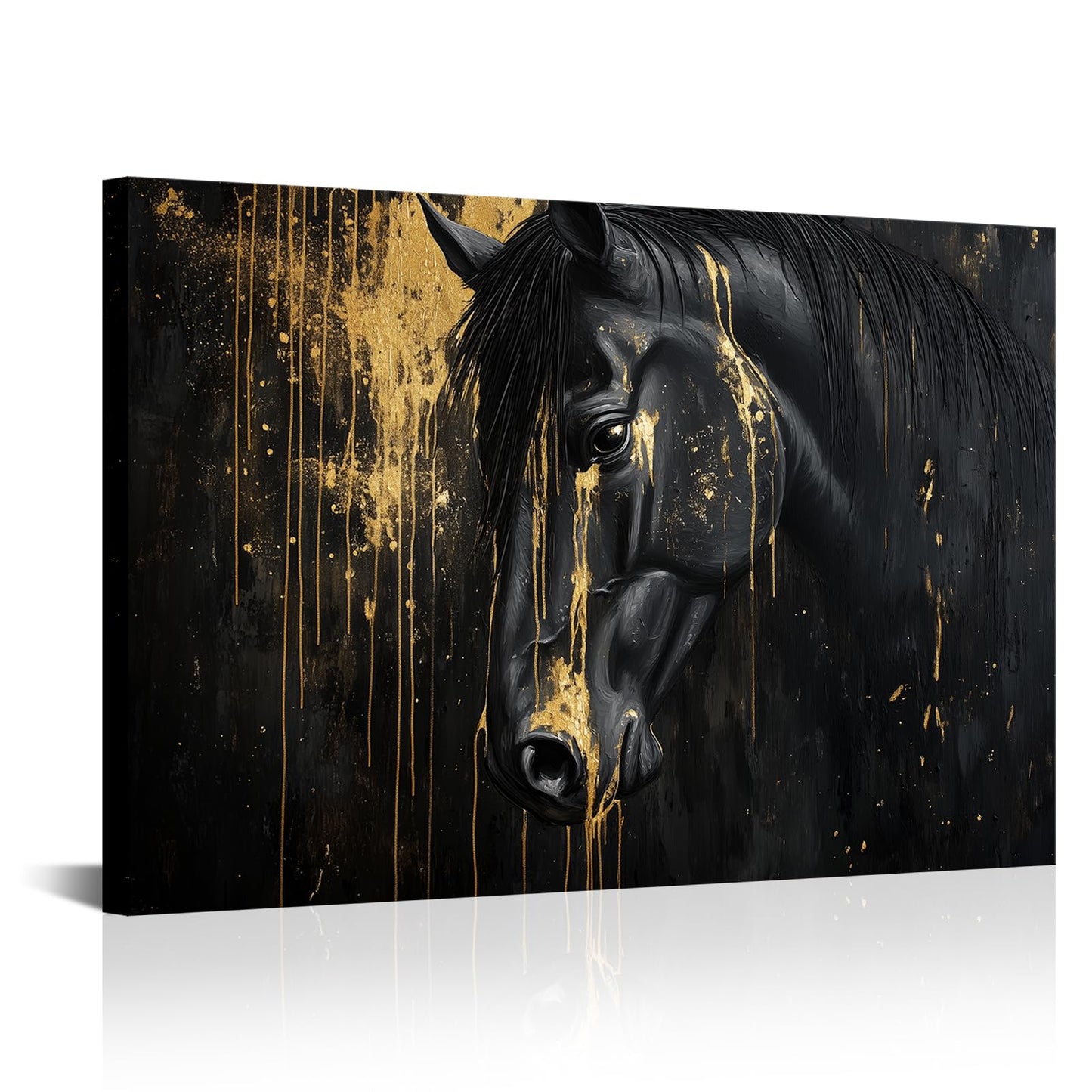 seteuret Black and Gold Wall Art, Abstract Horse Painting Prints - Drip Effect Canvas Artwork for Modern Office Decor, 16"x24"
