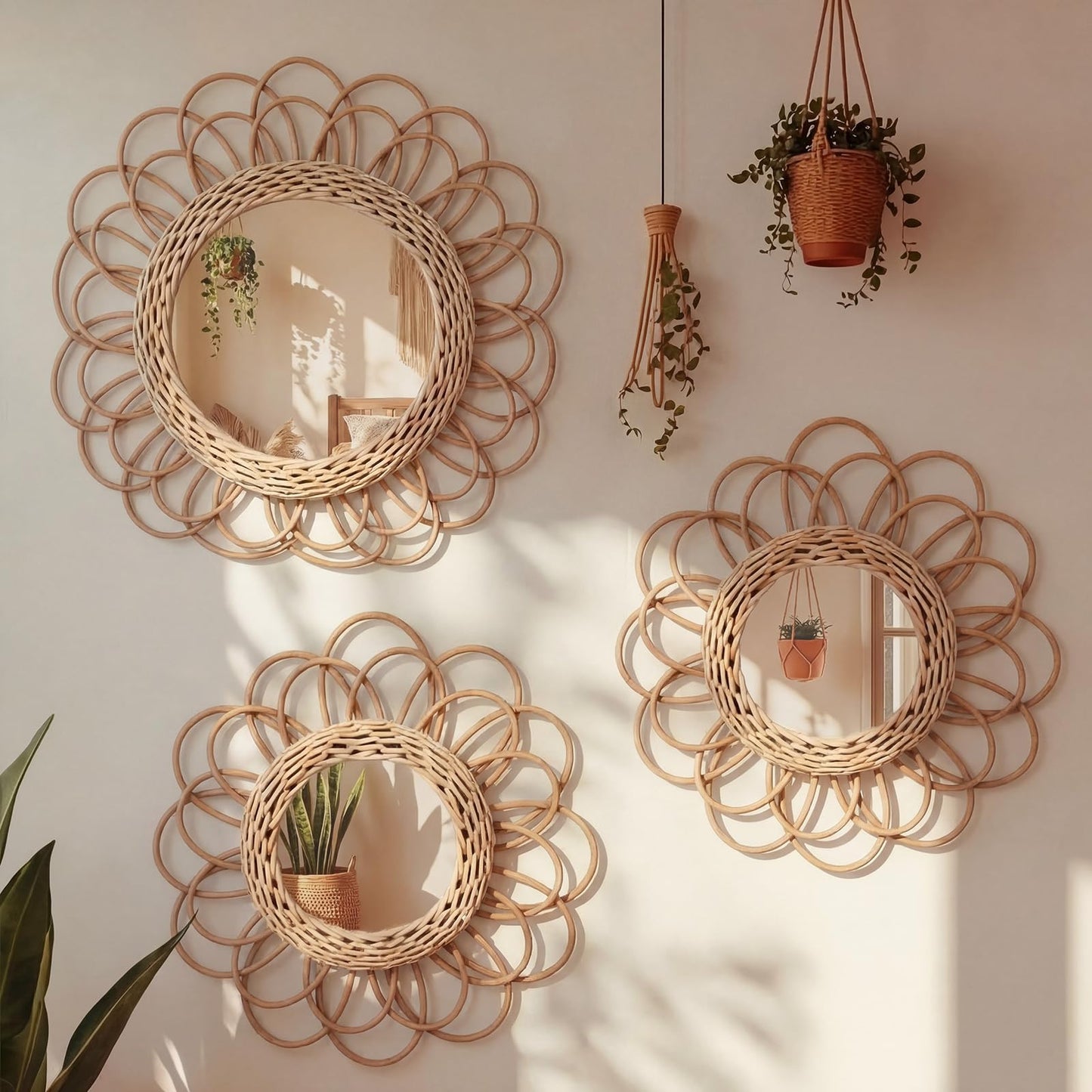 Vercraft 3 Pack Boho Rattan Mirror Wall Hanging Decor, 15.7" & 11.8" Sunflower Round Woven Decorative Circle Mirrors, Hanging Art Decor for Farmhouse Bedroom Living Room Bathroom Gallery Wall