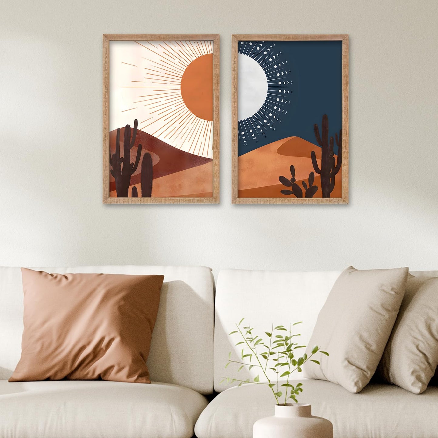 SRSZHIYUE Desert Cactus Landscape Day and Night Wall Art 16x11 Inch 2 Pieces Boho Abstract Wall Decor for Living Room Wooden Framed Hanging (Wood)