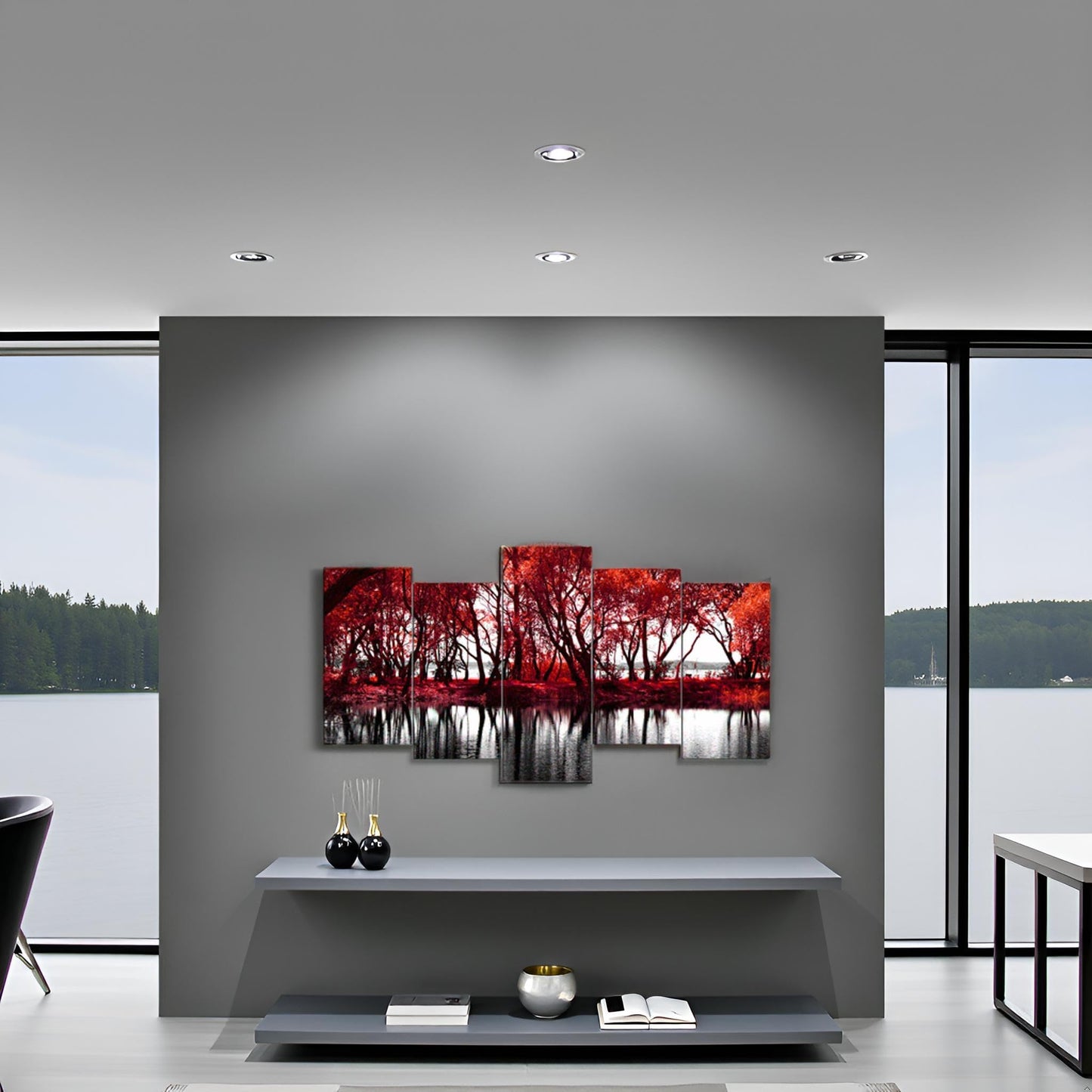 LevvArts - Black and White Red Canvas Wall Art Red Tree Forest by Lake Pictures Autumn Landscape Painting Modern Home Decor Giclee Artwork Stretched and Framed Ready to Hang