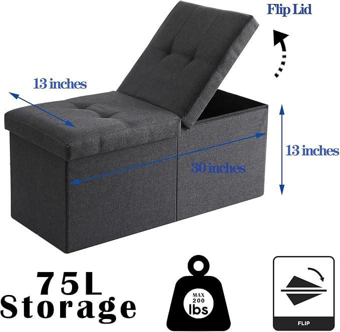 Storage Ottoman Bench Foldable Seat Footrest Shoe Bench End of Bed Storage with Flipping Lid, 75L Storage Space, 30 inches Linen Fabric Emerald, OT026DGN
