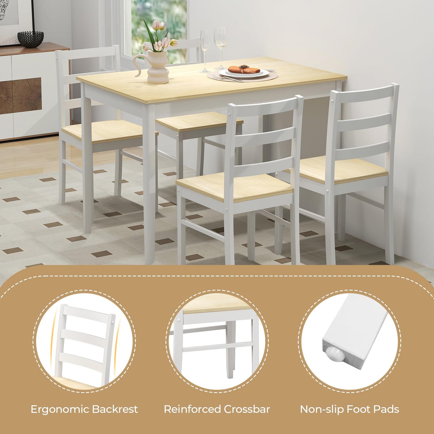 Giantex 5-Piece Dining Table Set for 4, 45" Rectangular Kitchen Table and Chairs Set with Solid Rubber Wood Legs, Space Saving Dinette Set for Small Space, Breakfast Nook, Restaurant (Beige)