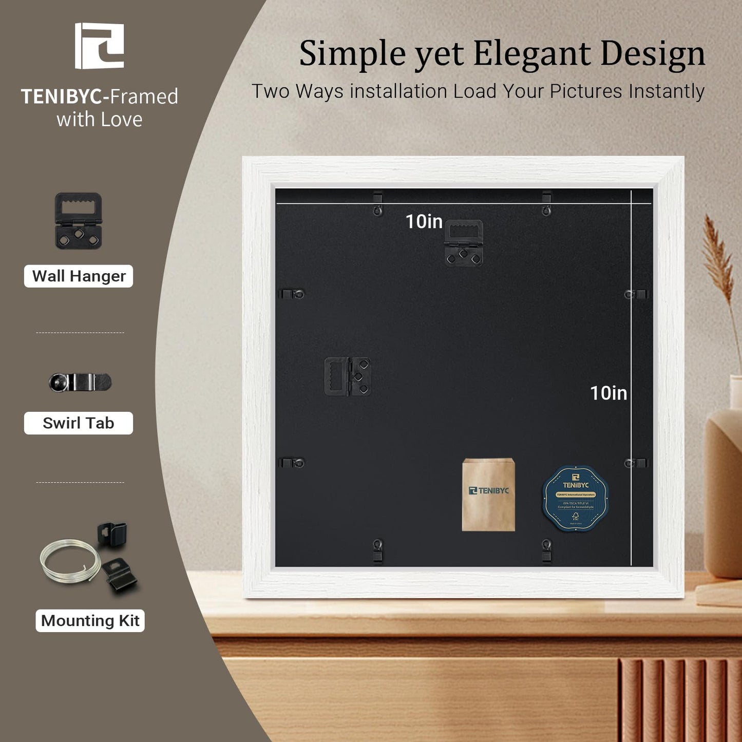 10x10 Picture Frame Set - 4 Pack, White Solid Wood Photo Frames - Tempered Glass - Displays Photos 8x8 with Mat or 10 x 10 without - Room, Office, Gallery, Studio, and Hallway Decor - Wall Hanging