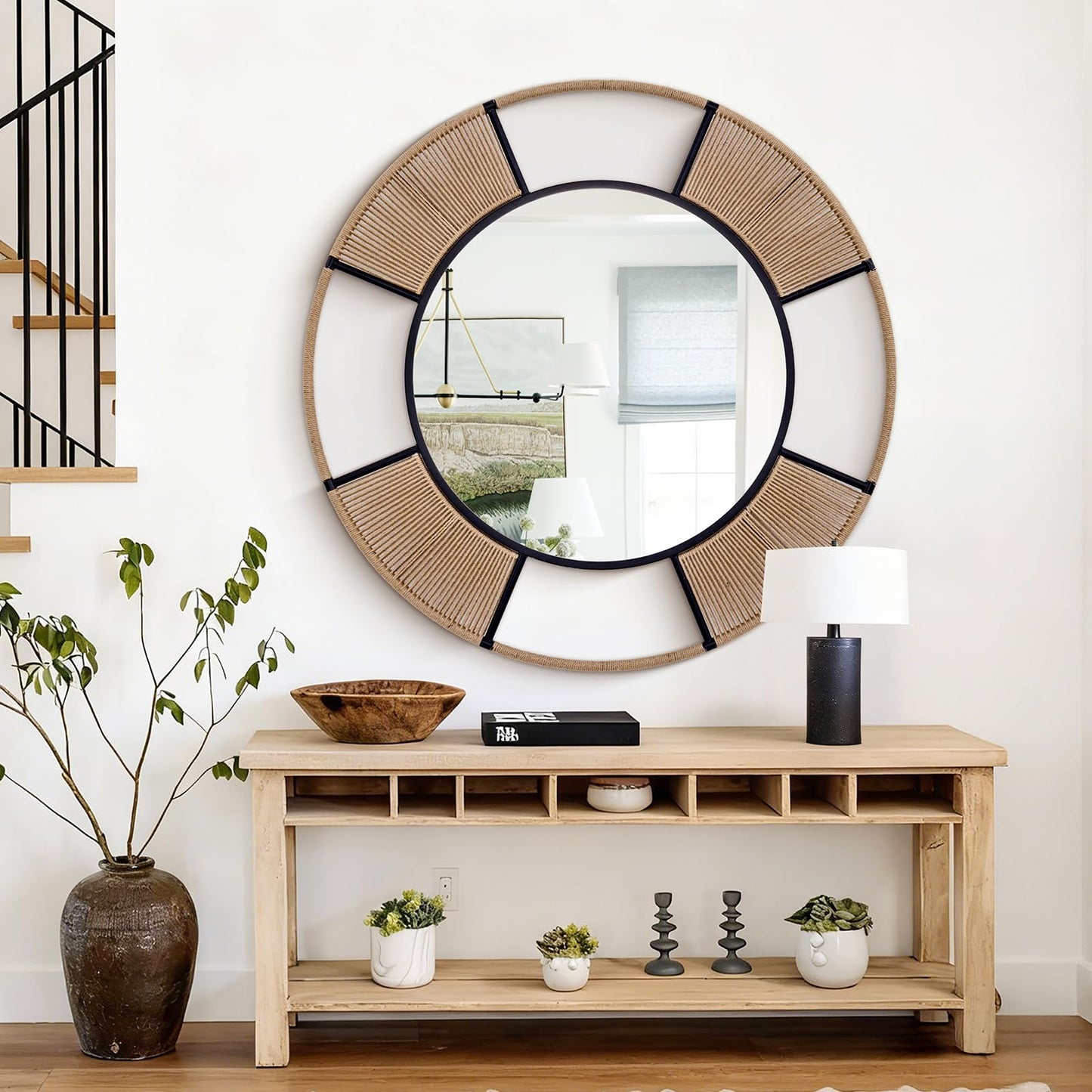 Autdot Large Boho Round Wall Mirror for Living Room, 42.5'' Coastal Circle Mirror with Detachable Rattan Frame, Rustic Circle Mirrors for Dining Room Bathroom Hallway Entrance