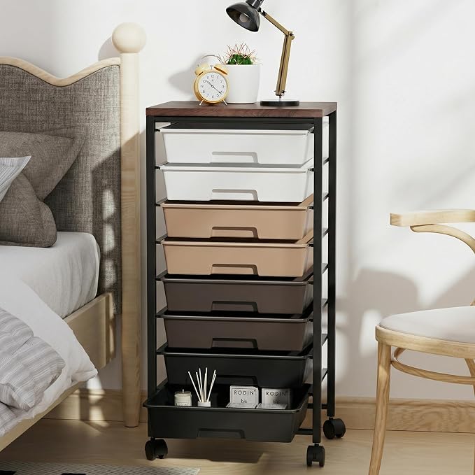 Rolling Cart with 8 Drawers, Storage Drawers Cart with Wooden Tabletop and Lockable Wheels, Craft Storage for Living Room, Office, Classroom, Craft Room, Bedroom (Brown)