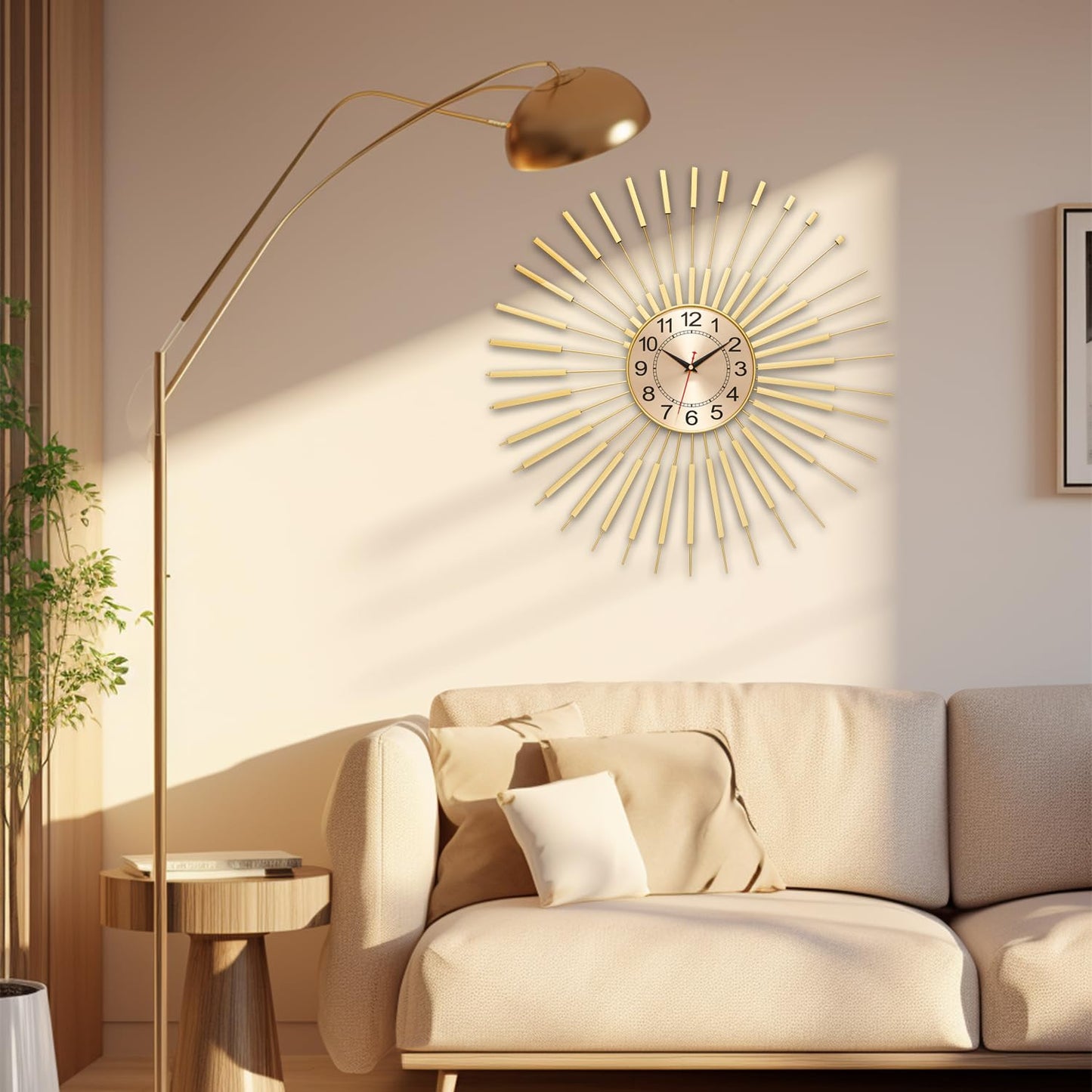 Large Wall Clocks for Living Room Decor 24 Inch Gold Starburst Wall Clock, Silent Non-Ticking Metal Wall Clocks Battery Operated, Mid Century Boho Farmhouse Modern Art Decor for Bedroom Office