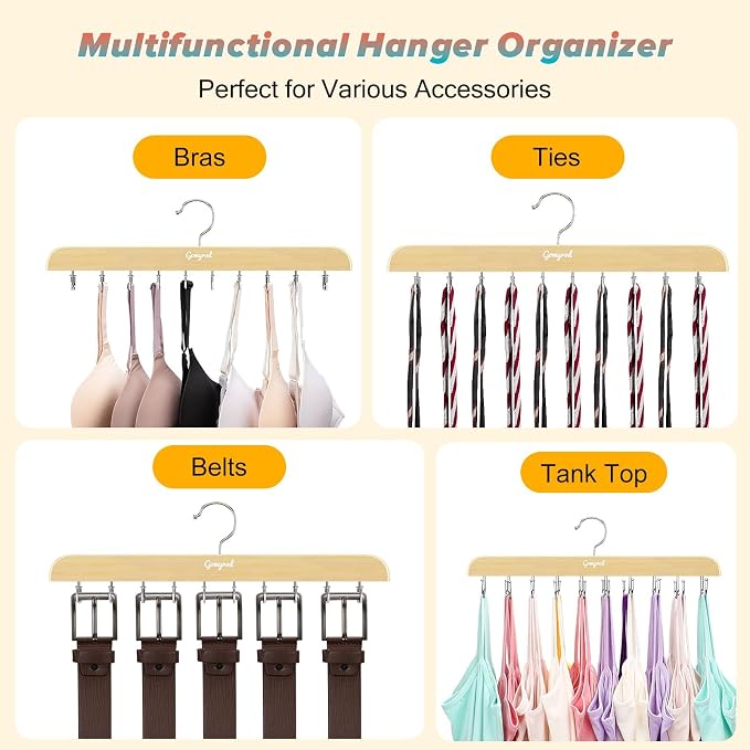Gomyrod Bra Hanger for Closet, Tank Top Hanger w/20 Hooks Capacity Foldable Wood Space Saving Hangers, 360°Rotating Closet Organizers and Storage for Dorm & Apartment for Bra Scarf Ties(1 Pack)