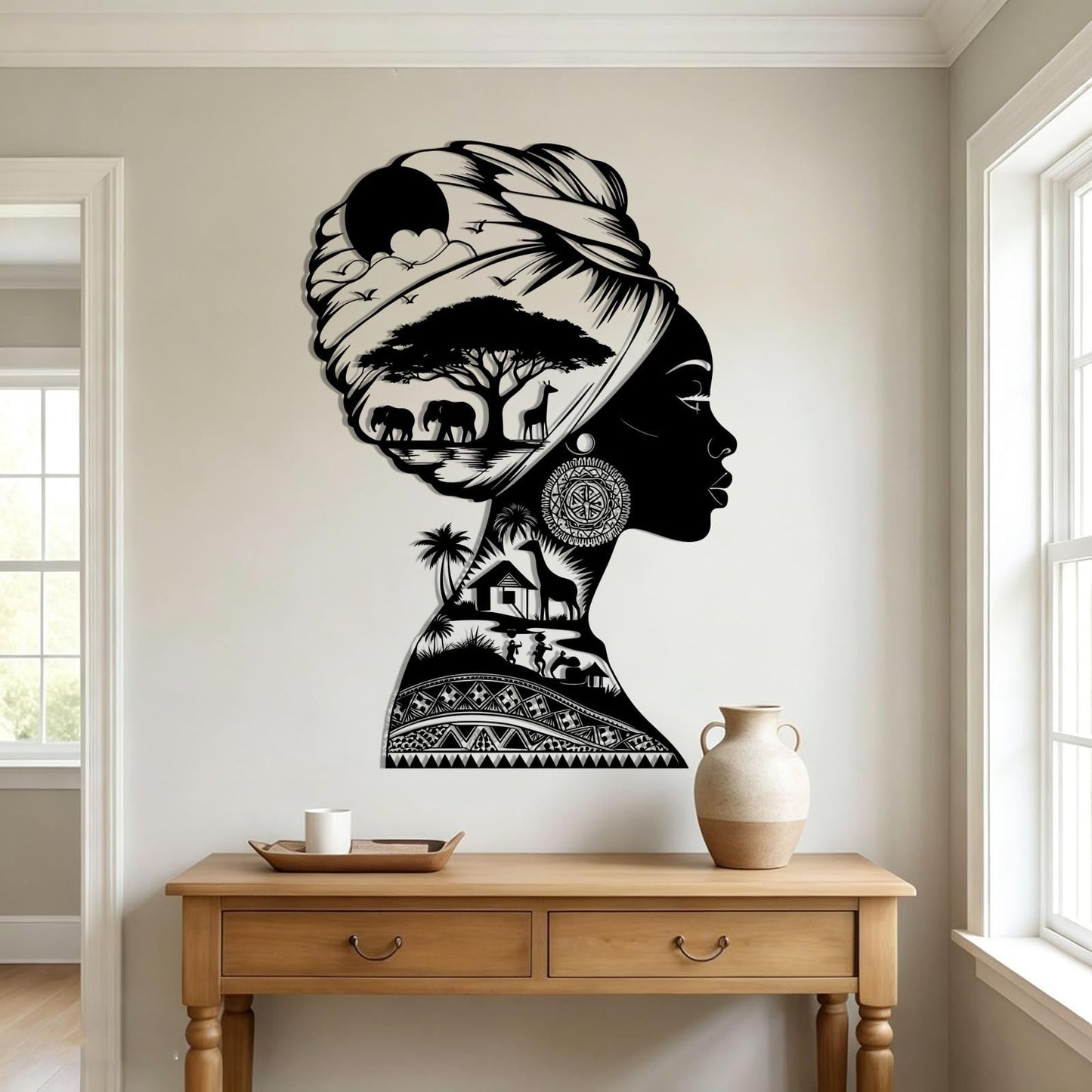 EUSTUGO African Woman Metal Wall Art, African Animals Metal Wall Art, Africa Jungle Wall Decor, Safari Decor, Black Women Silhouette Home Decoration for Living Room (Gold 1, 48"x33"/121x83cm)