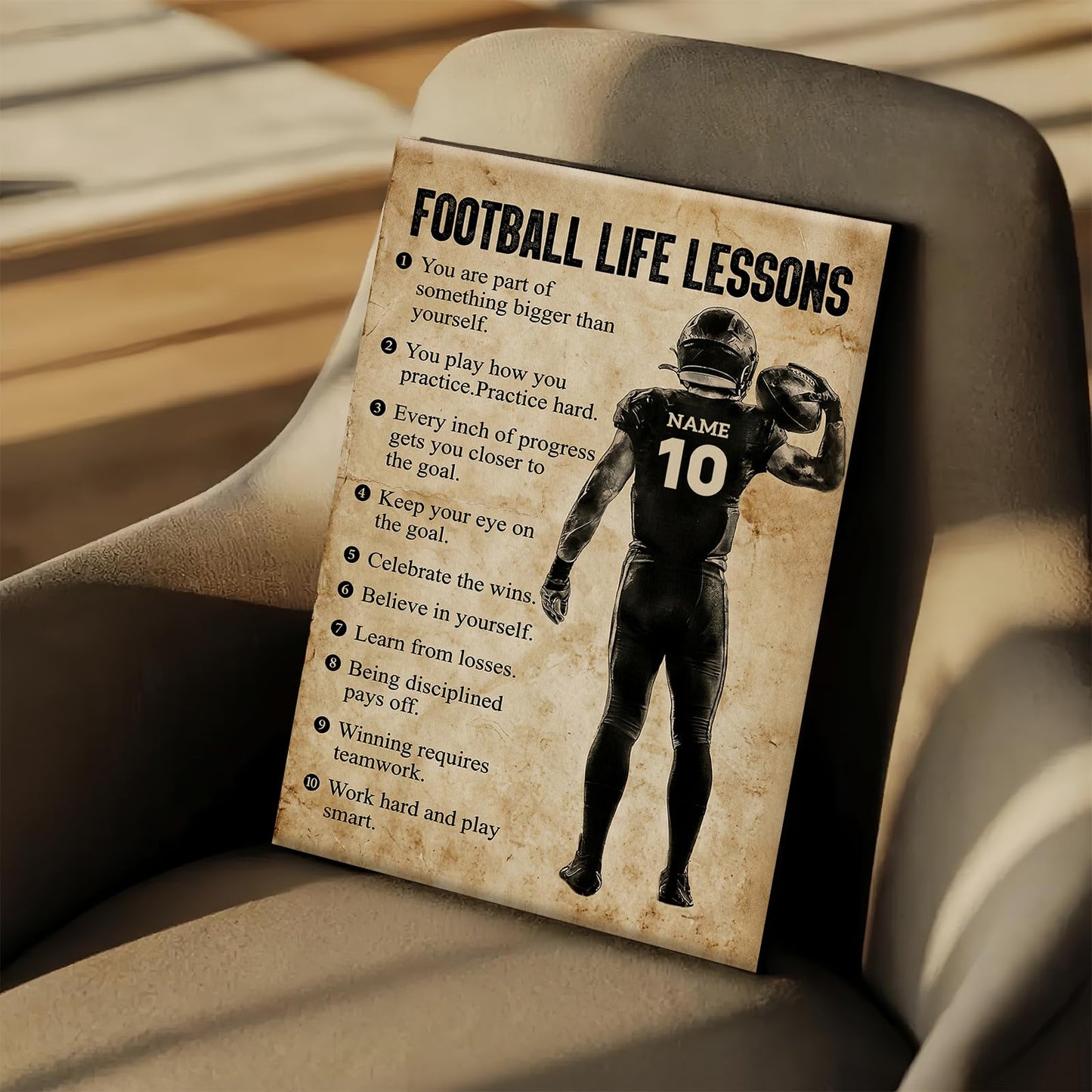 HYESANGNY Personalized Football Life Lessons Canvas Wall Art, Custom Motivational Canvas Prints with Your Name & Numbers, Inspirational Sports Gifts for Football Lovers, Athletes Bedroom Decor