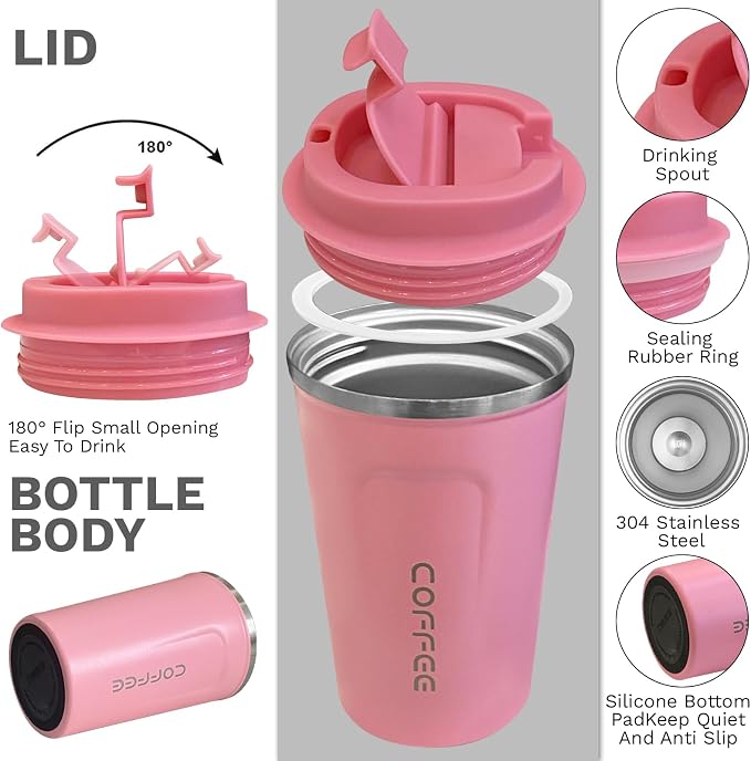YINBAOGE Insulated Travel Coffee Mug, Spill & Leak Proof, Portable To Go Camping Stainless Steel Coffee Tumbler, Reusable Thermal Coffee Cup with Lid for Hot & Cold Drinks (2nd-Pink, 17 OZ)