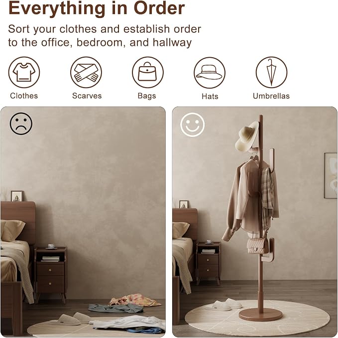 Muwuele Solid Wood Cactus Coat Rack, Freestanding Coat Rack With 6 L-Shaped Hooks and 3 Adjustable Sizes, Coat Tree for Bedroom, Entryway, Livingroom, Coat Hanger Stand for Coats, Handbags (Walnut)