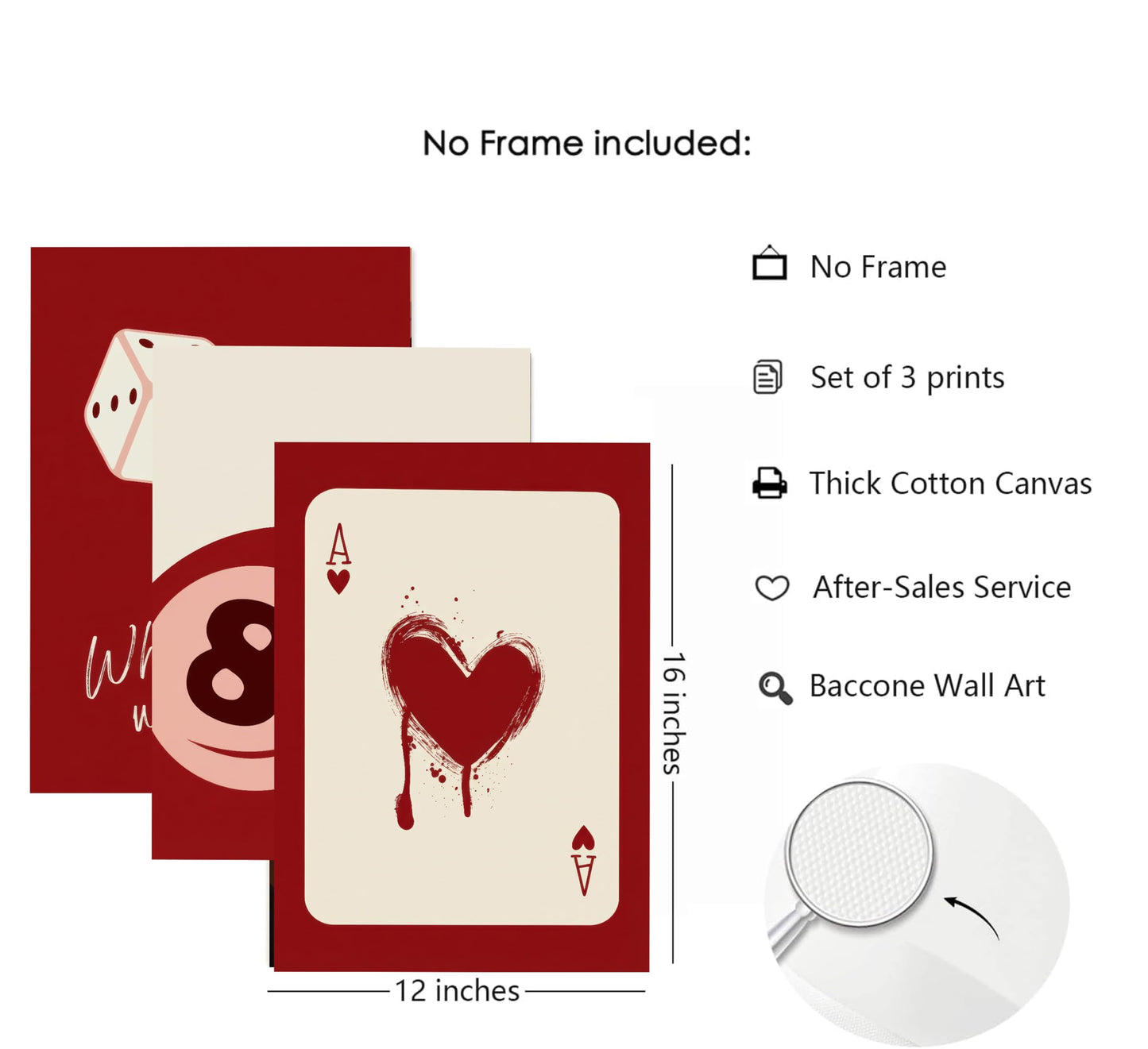 Luyeeteme Set of 3 Unframed Red Wall Art Posters, Funky Retro Y2K Trendy Aesthetic Room Decor, Lucky 8 Ball & Poker Dice Prints for College Dorm, Apartment, Game Room (16x24Inch)