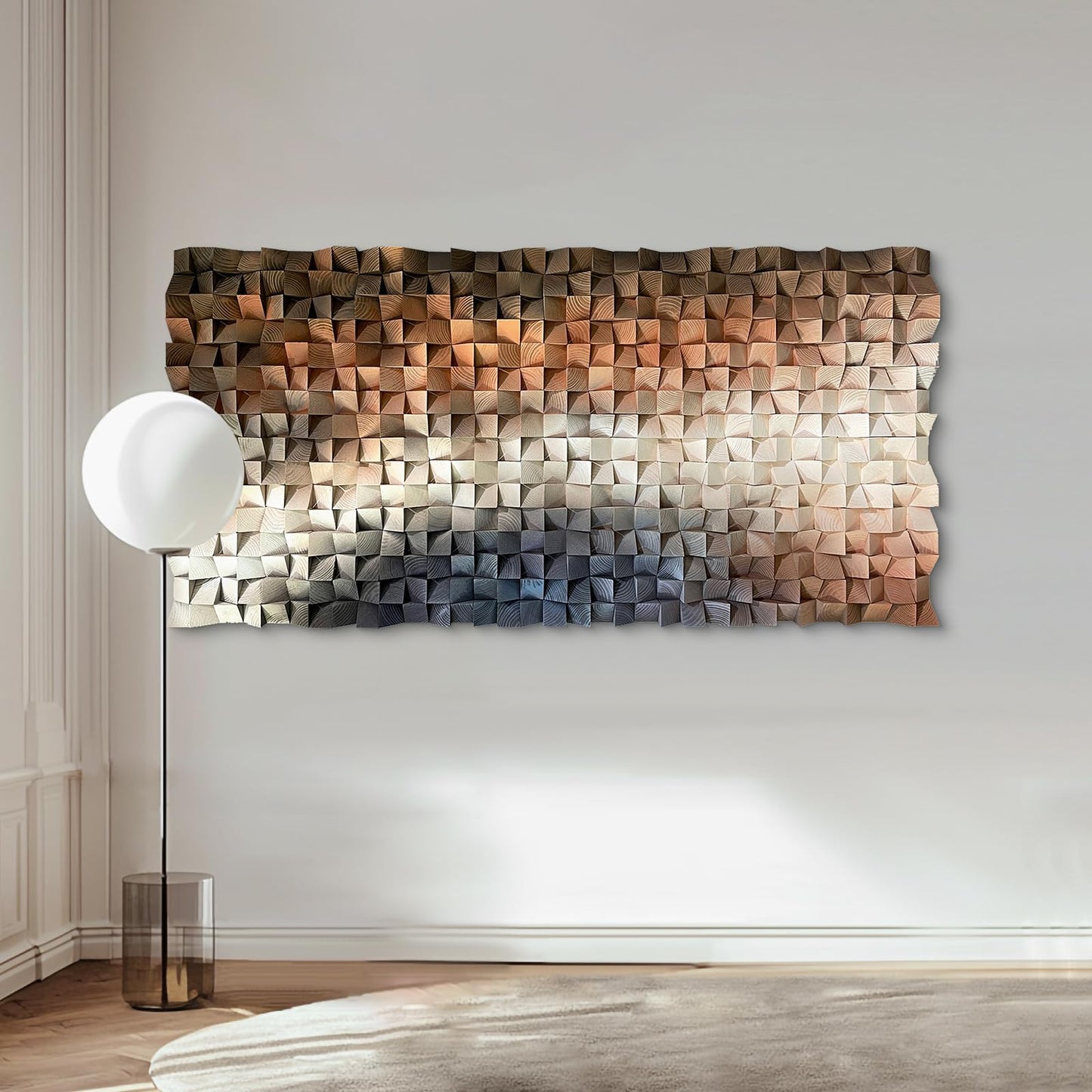 LIUZEYUE 3D Wall Art Modern Abstract, Solid Wood Mosaic Panel in Blue White Orange, Textured Feature Wall Decor for Living Room Above Sofa, 23.6x47.2 Inches