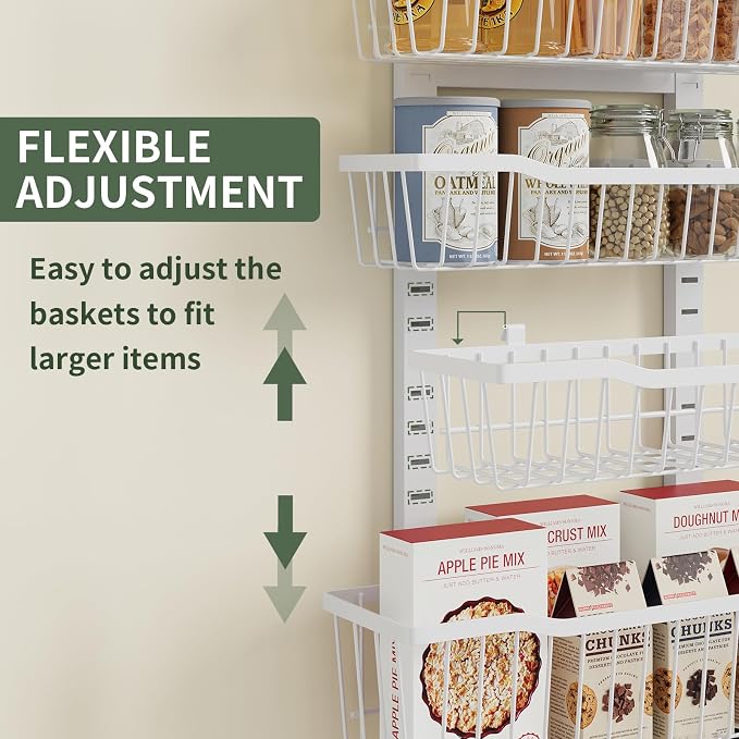 Eastherry Over The Door Organizer，8-Tier Over The Door Pantry Organizer with Adjustable Baskets，Metal Hanging Pantry Organizers and Storage for Kitchen, Back of Door Seasoning Rack (White)