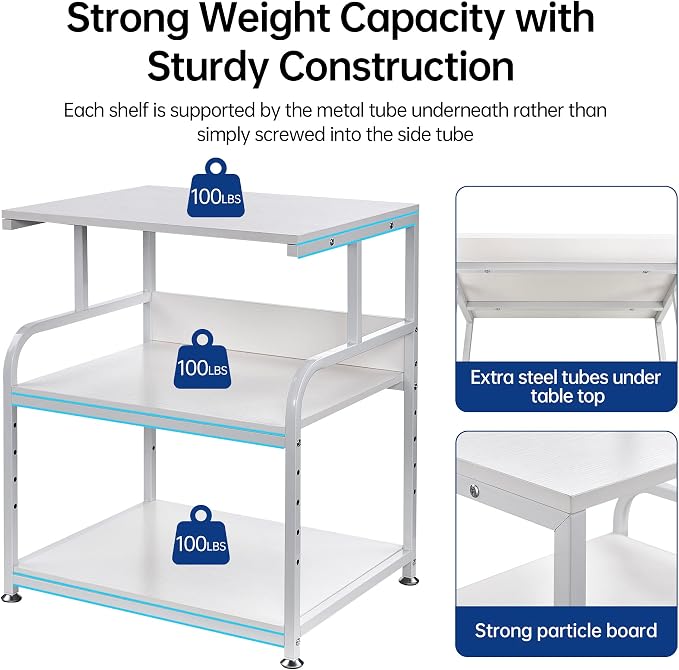 Fannova White Printer Stand, 23.6 x18.9 x 30 Inches Big Size Printer Table with Adjustable Shelf, 3 Tier Rolling Printer Cart with Wheels for Home Office Storage and Organization