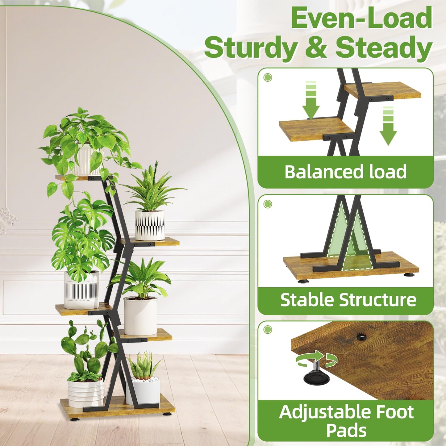 iDavosic.ly 4 Tier Indoor Plant Stand, Corner Tall Metal & Wood Flower Shelf, Orchid Display Rack for Living Room Balcony Patio Porch, Space Saving & Multifunctional Display, Black & Brown